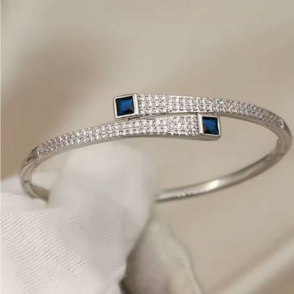 1ct Blue Sapphire Gemstone 2ct Diamond Womens Sterling Silver Bangle Bracelet - Picture 4 of 4